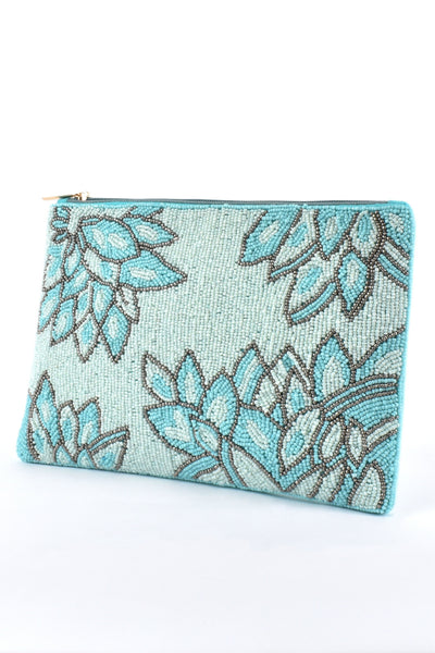 Beaded Floral Zip Top Clutch - Mint