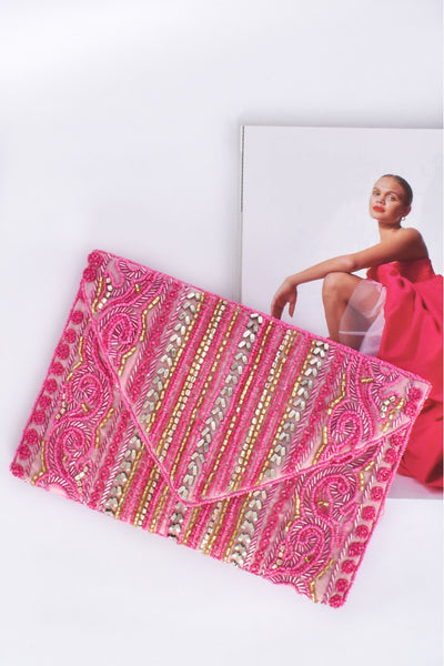 Beaded Front Flap Over Clutch - Hot Pink
