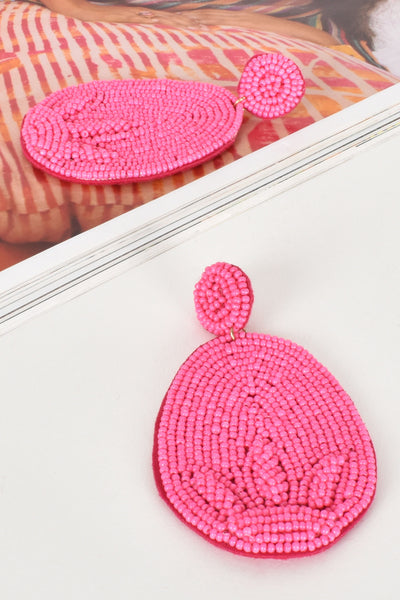 Beaded Oval Drop Statement Earrings - Hot Pink
