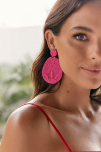 Beaded Oval Drop Statement Earrings - Hot Pink
