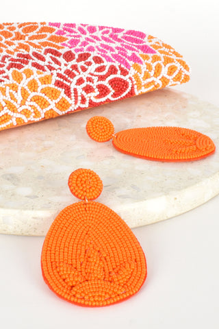 Beaded Oval Drop Statement Earrings - Orange