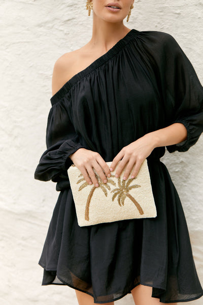 Beaded Palm Front Zip Top Clutch - White Gold