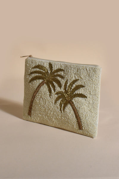 Beaded Palm Front Zip Top Clutch - White Gold