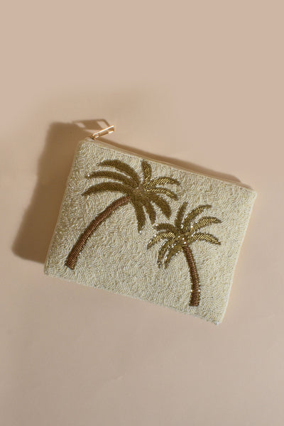 Beaded Palm Front Zip Top Clutch - White Gold