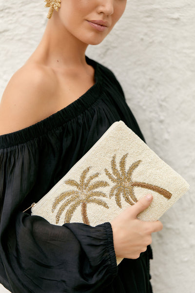 Beaded Palm Front Zip Top Clutch - White Gold