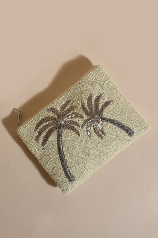 Beaded Palm Front Zip Top Clutch - White Silver