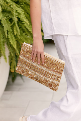 Beaded Panels Zip Top Clutch - Camel Nude