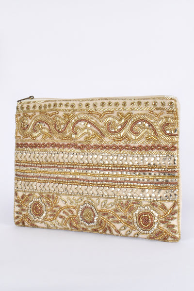 Beaded Panels Zip Top Clutch - Camel Nude