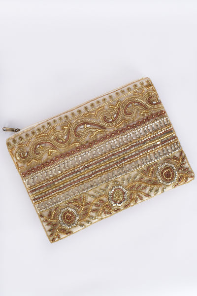 Beaded Panels Zip Top Clutch - Camel Nude
