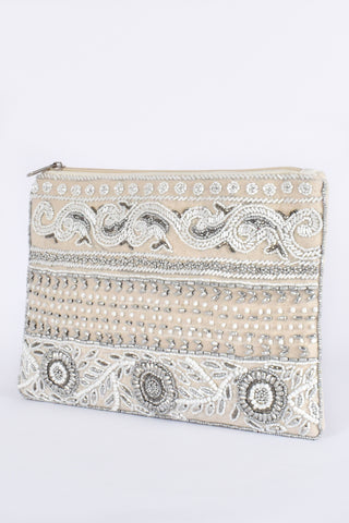 Beaded Panels Zip Top Clutch - Natural Silver