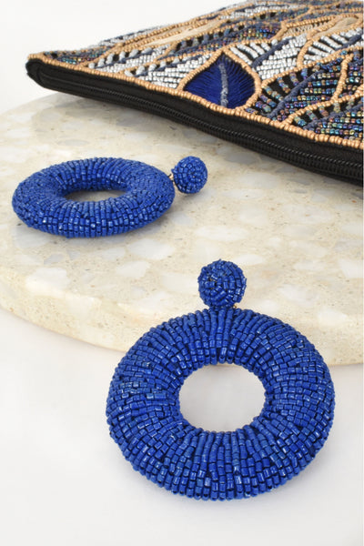 Beaded Ring Drop Earrings - Blue