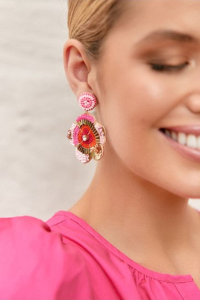 Beaded Stitched Floral Drop Earrings - Pink Orange