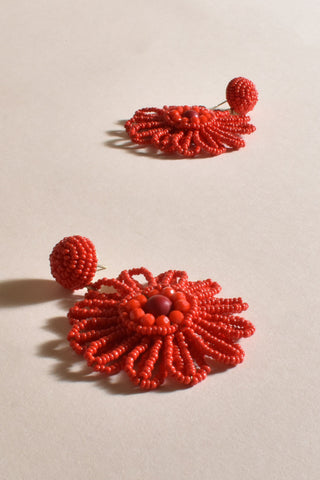 Beaded Summer Flower Earrings - Red