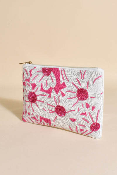 Bold Beaded Floral Clutch - Pink