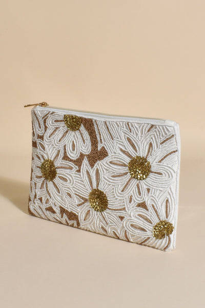 Bold Beaded Floral Clutch - White Gold
