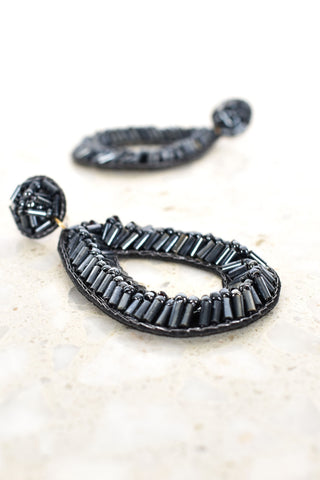 Bugle Bead Patterned Drop Earrings - Gunmetal Navy