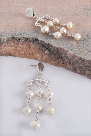Button Top Pearl Chandelier Earrings - Silver