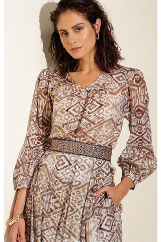 Candy Floss Top - Tan White Batik Gold Foil