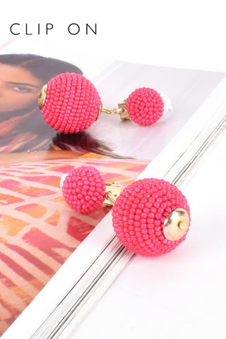 Clip On Beaded Ball Drop Earrings - Hot Pink