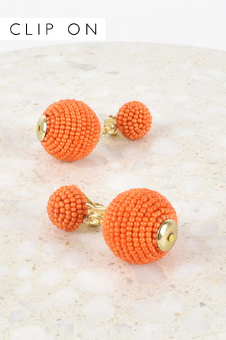 Clip On Beaded Ball Drop Earrings - Orange