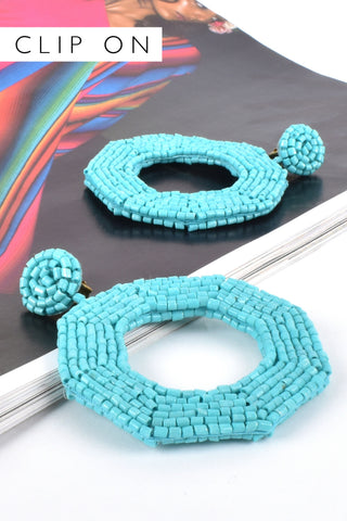 Clip On Beaded Octagonal Earrings - Teal