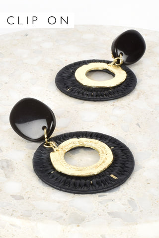 Clip On Metal Resin Top Weave Earrings - Black Gold