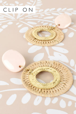 Clip On Metal Resin Top Weave Earrings - Natural Gold