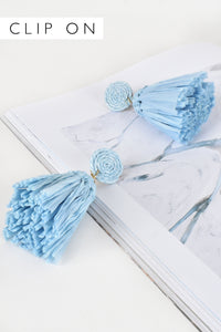 Clip On Tyra Crochet Tassel Statement Earrings - Light Blue