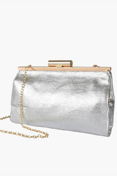 Clip Top Metallic Frame Clutch - Silver