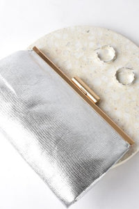 Clip Top Metallic Frame Clutch - Silver