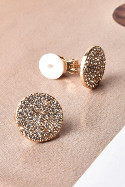 Clip On Crystal Disc Earrings - Gold