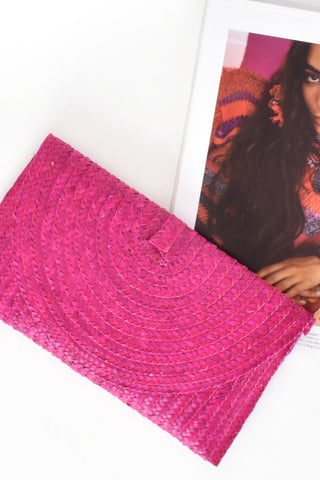 Curved Flapover Weave Clutch - Hot Pink