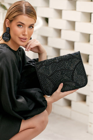 Curved Hand Beaded Flap Over Clutch - Black