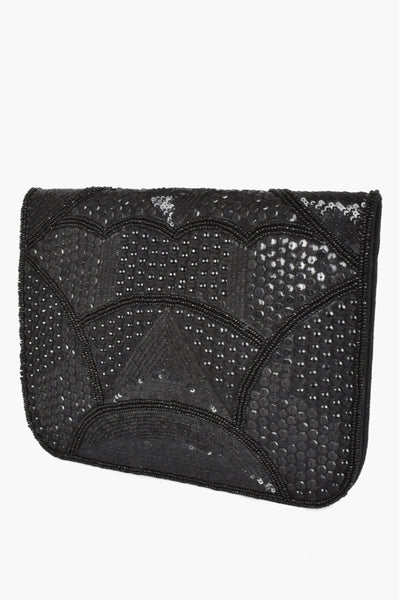 Curved Hand Beaded Flap Over Clutch - Black