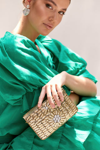 Daisy Centre Metal Event Clutch - White Gold