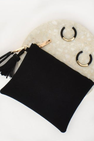 Delilah Faux Suede Tassel Pouch - Black