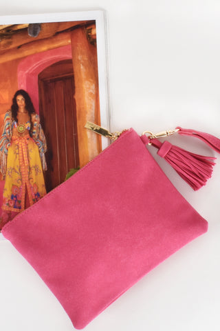 Delilah Faux Suede Tassel Pouch - Hot Pink