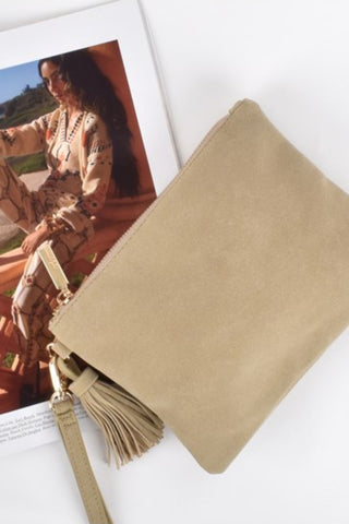 Delilah Faux Suede Tassel Pouch - Light Camel