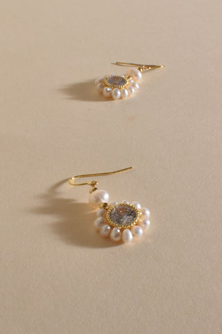 Diamante Centre Pearl Hook Earrings - Cream
