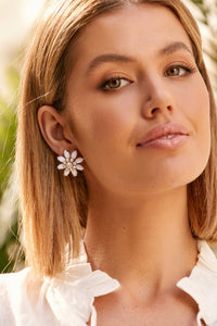 Diamante Centre Daisy Stud Earrings - White Crystal