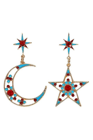 Dolores Star Moon Rhinestone Earring - Blue Red