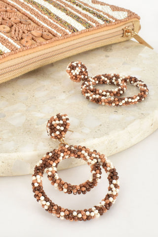 Double Rings Bead Top Earrings - Tan