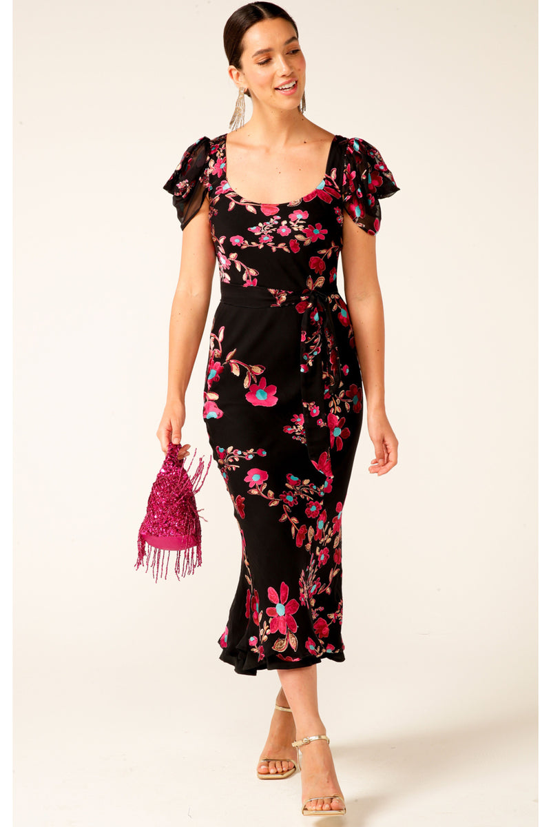 SACHA DRAKE Duchess Bias Cut Midi Dress - Black Fuchsia Floral – Smoke ...