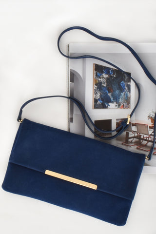 Ella Faux Suede Fold Over Bar Clutch - Blue