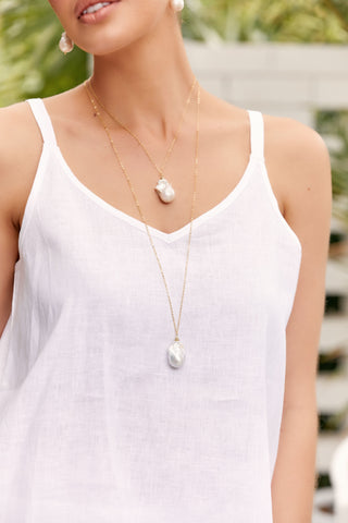 Fine Chain Long Pearl Drop Necklace - Gold