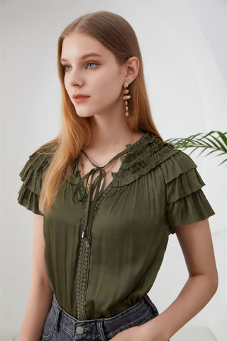 Fleur Ruffle Blouse - Khaki