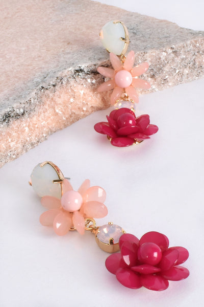 Flora Glass Jewelled Earrings - Hot Pink
