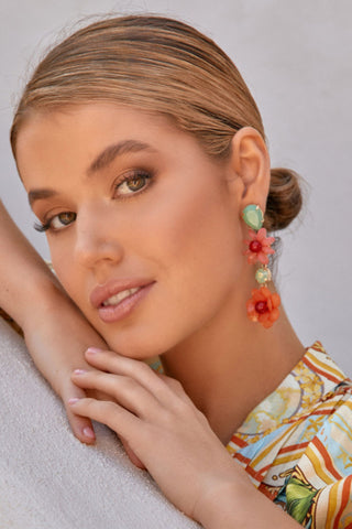 Flora Glass Jewelled Earrings - Red Orange