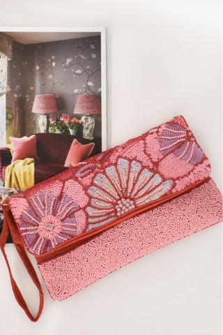 Floral Beaded Flap Over Clutch - Pink Red