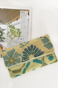 Floral Beaded Flap Over Clutch - Teal Sage